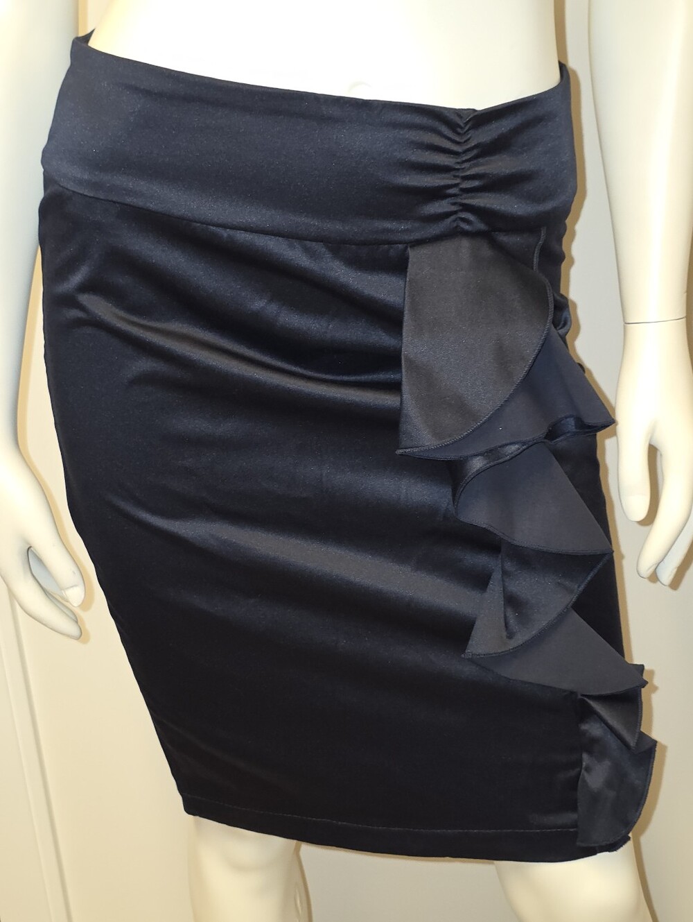 Rinascimento Navy Satin Pencil Skirt with Front Ruffle XS - S